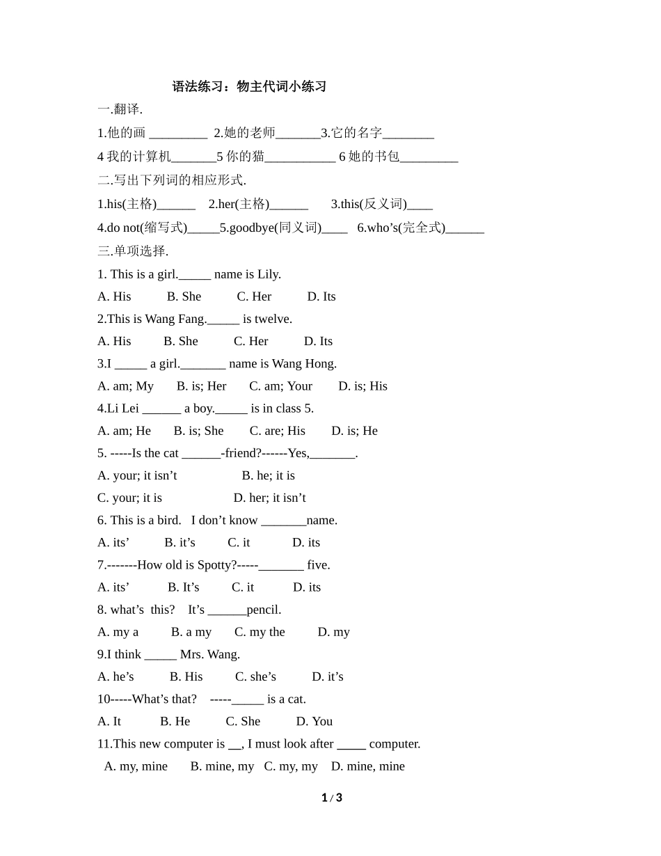 语法练习：物主代词小练习_第1页