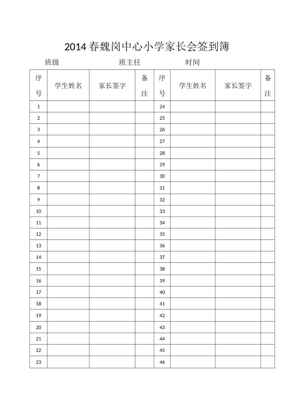 2014春魏岗中心小学家长会签到簿_第1页