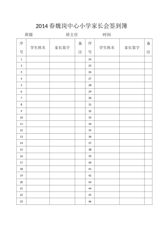 2014春魏岗中心小学家长会签到簿