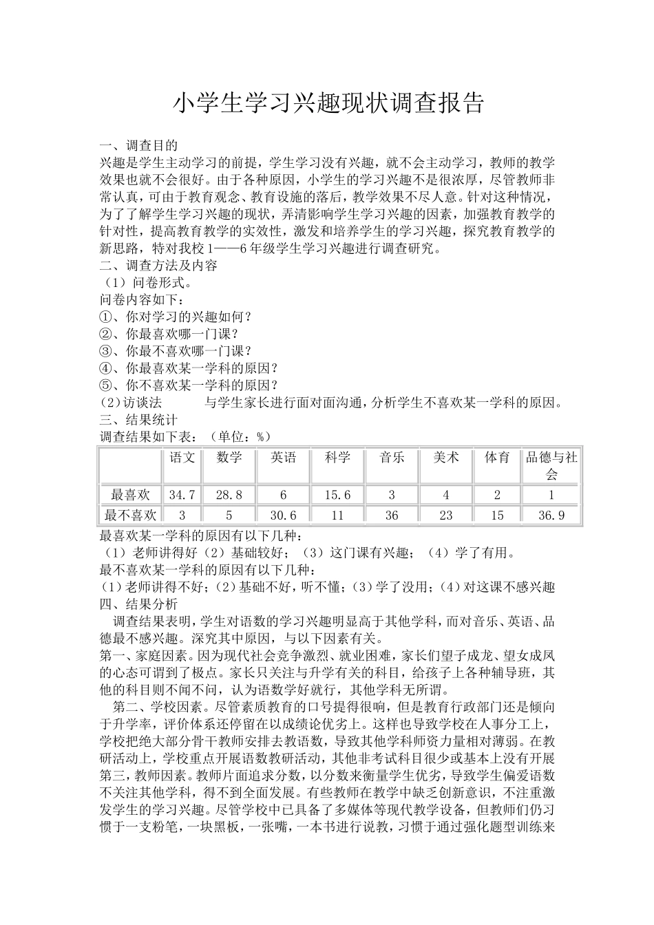 小学生学习兴趣现状调查报告_第1页