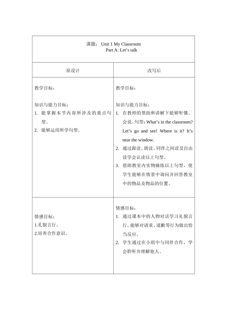 四年级上册unit1Myclassroom第一课时教学目标修改前后_第1页