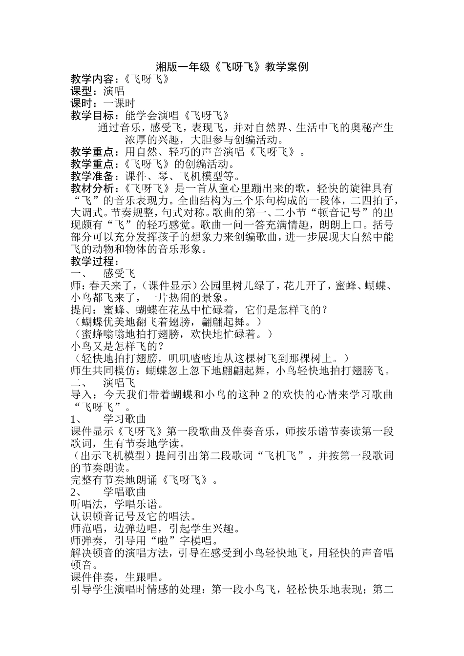湘版一年级《飞呀飞》教学案例_第1页