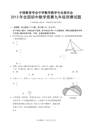 2013年全国初中数学竞赛九年级预赛试题及答案