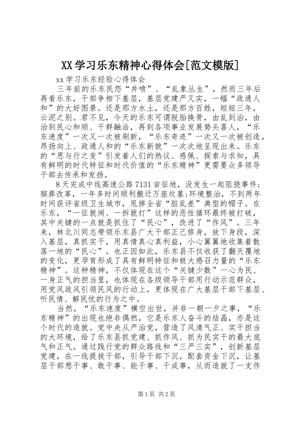 XX学习乐东精神心得体会[范文模版]_第1页