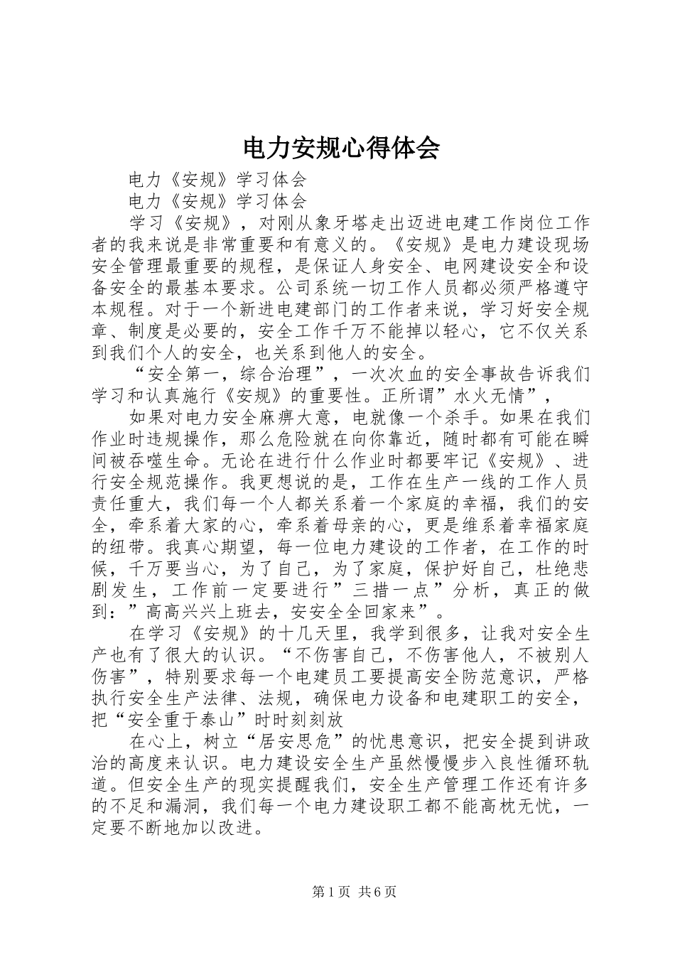 电力安规心得体会_第1页