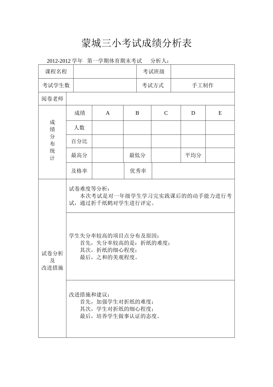 小学成绩分析表样表_第1页