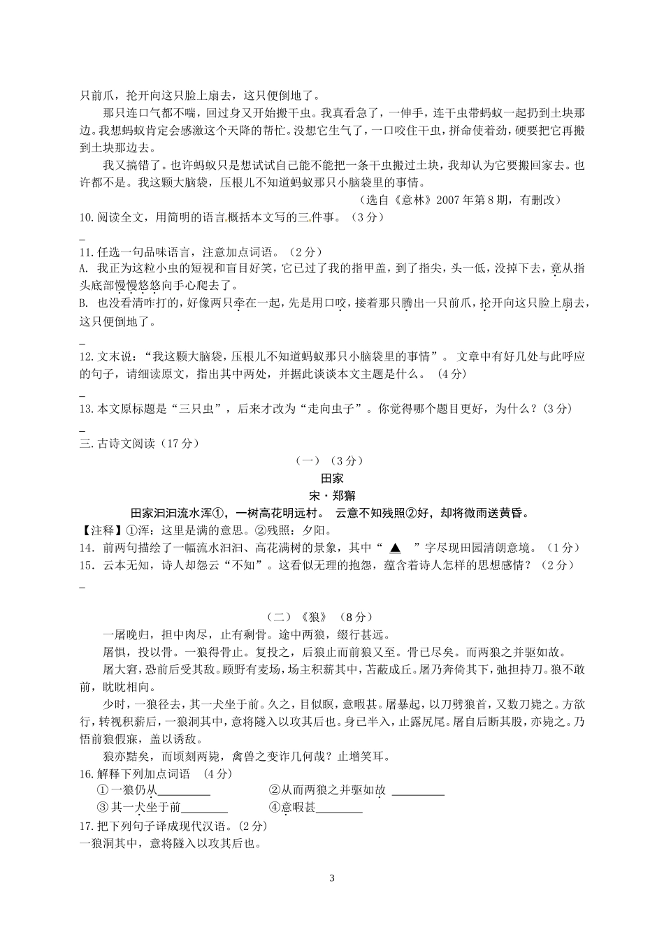 人教浙江省嘉兴市新塍镇中学2012学年第二学期七（下）语文期末模拟考试（人教版）%20_第3页