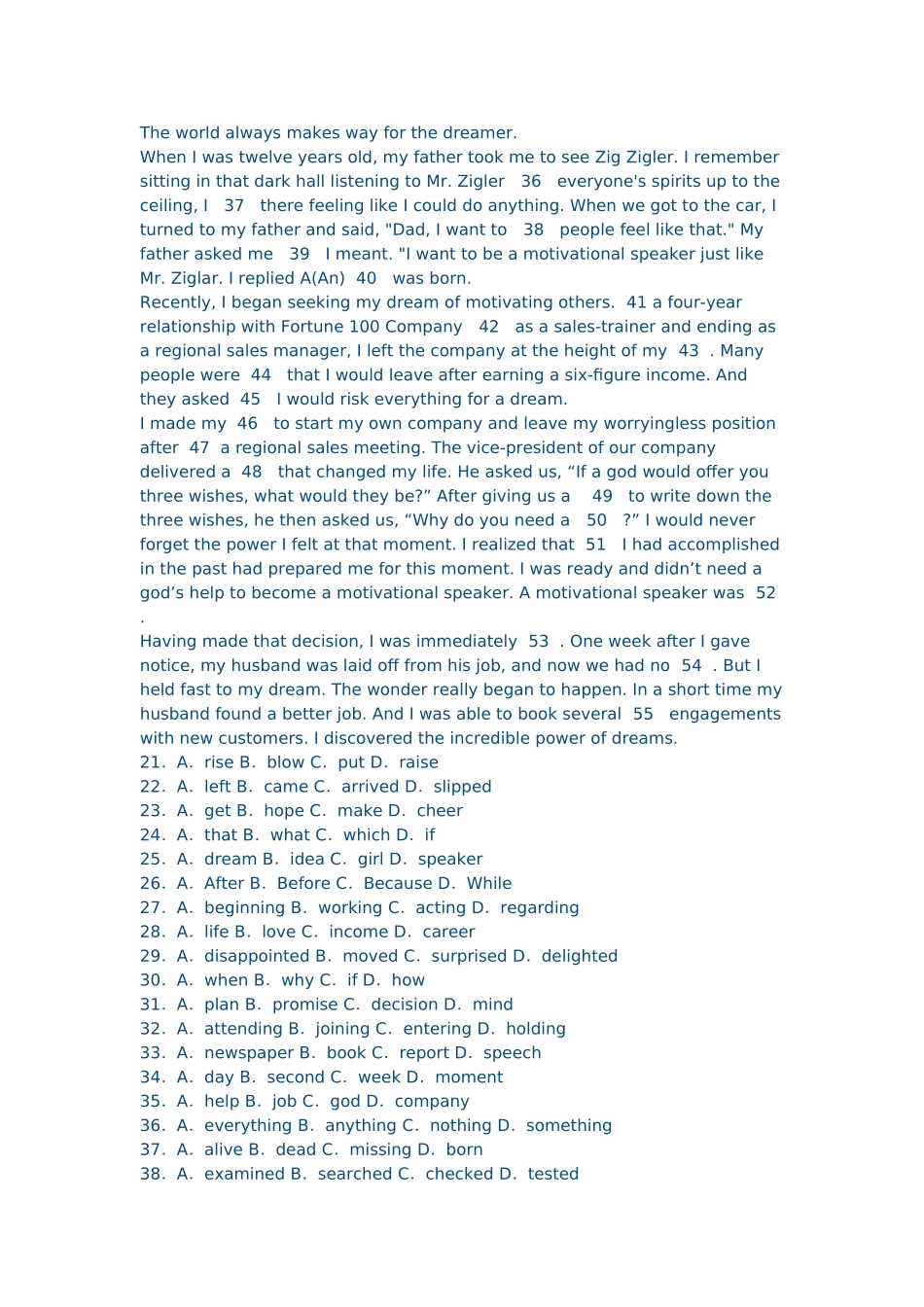 高考英语二轮完形填空复习训练14（附解析）_第2页