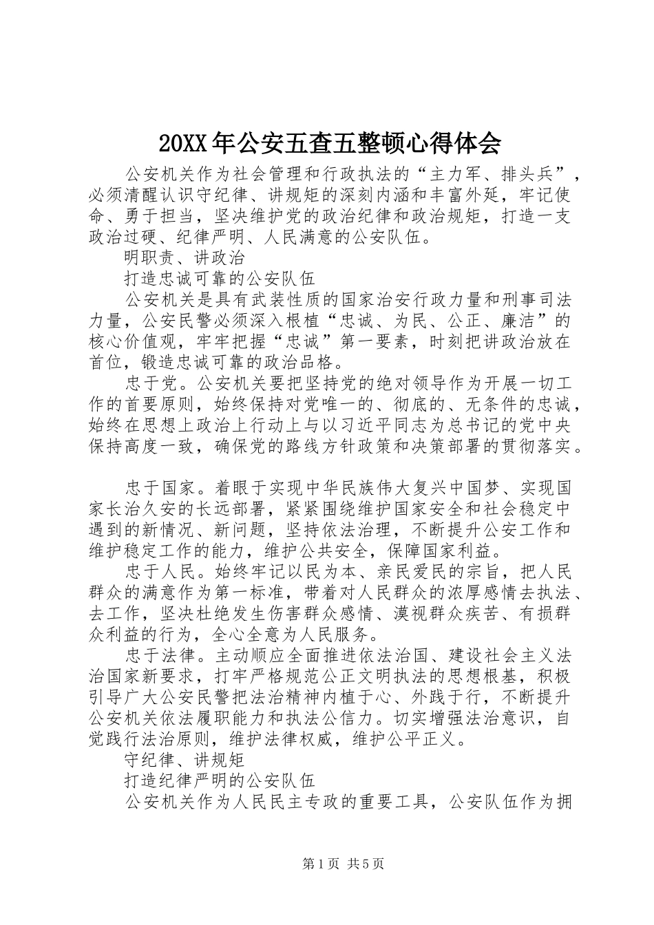 20XX年公安五查五整顿心得体会_第1页