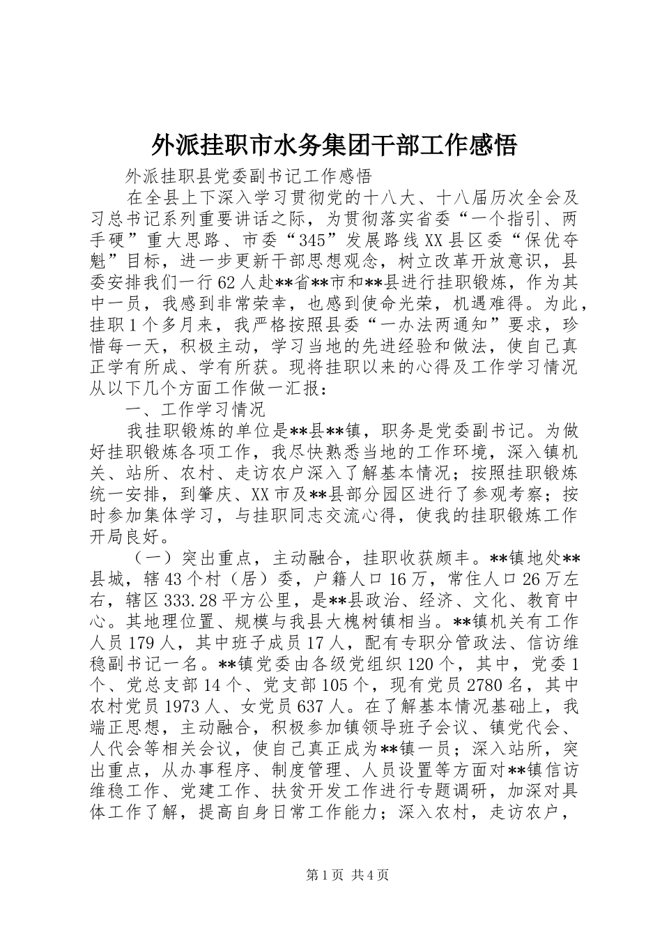 外派挂职市水务集团干部工作感悟_第1页