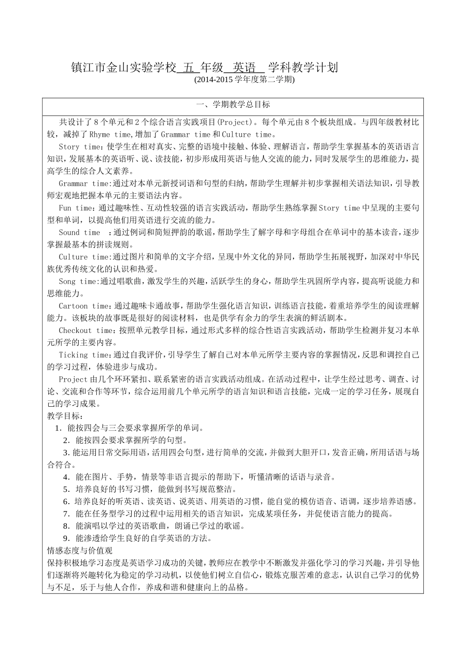 译林版五年级英语教学计划、教学进度表2015.3_第1页