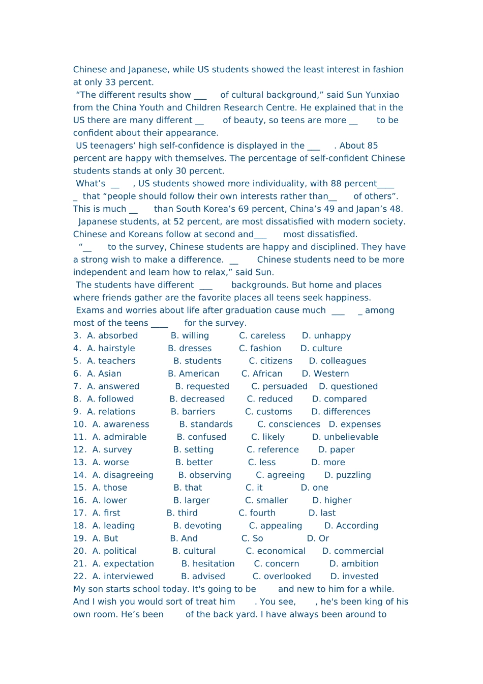 高考英语二轮完形填空复习测试（带解析）_第3页