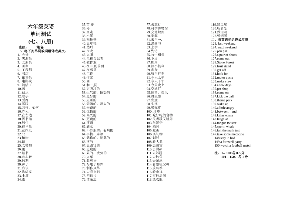 六年级英语单词测试（七、八册）_第1页