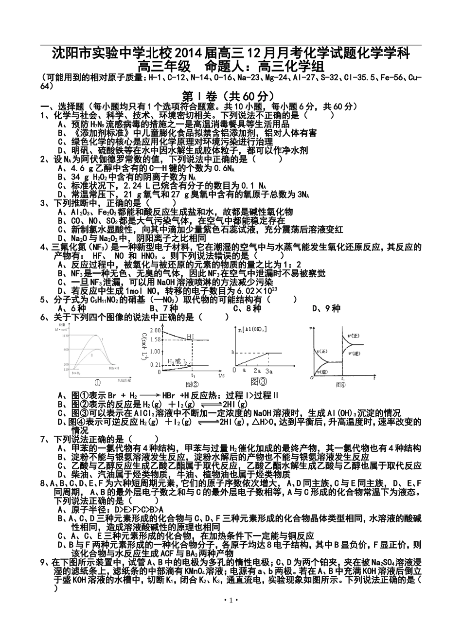 2014届沈阳市实验中学北校高三12月月考化学试题及答案_第1页