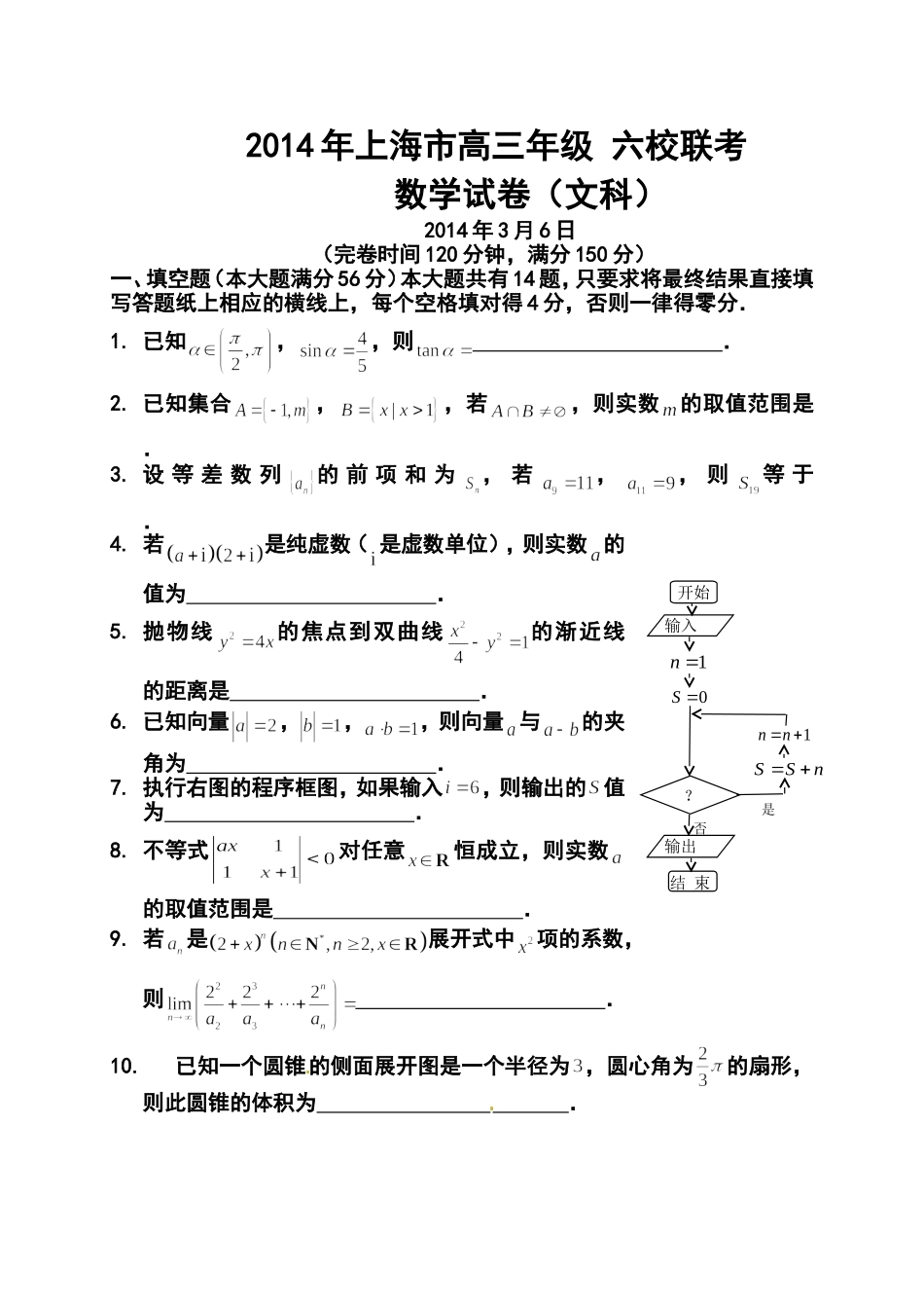 2014届上海市高三下学期3月六校联考文科数学试题及答案_第1页