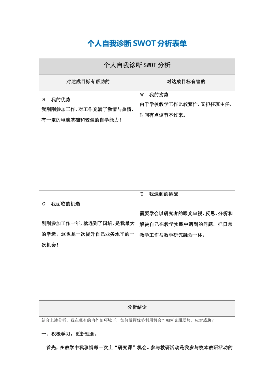 谭海洋：个人自我诊断SWOT分析表_第1页
