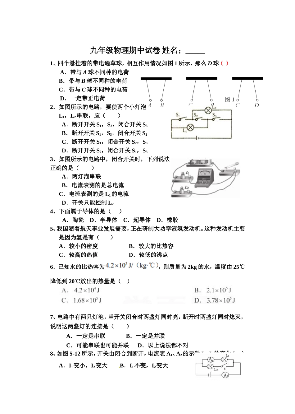 九年级物理期中试卷姓名_第1页