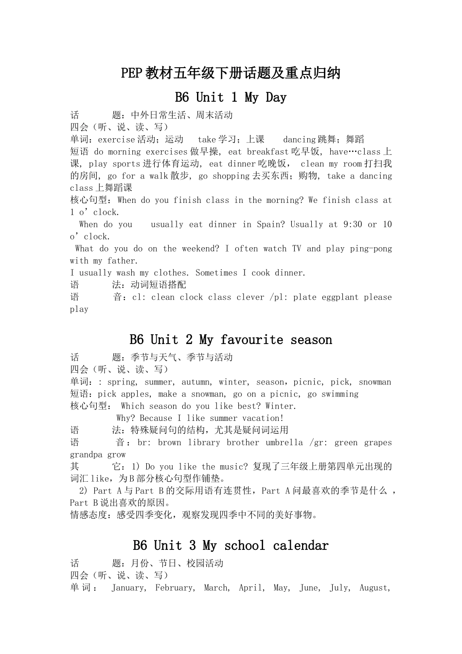 PEP教材五年级下册话题与重点归纳_第1页