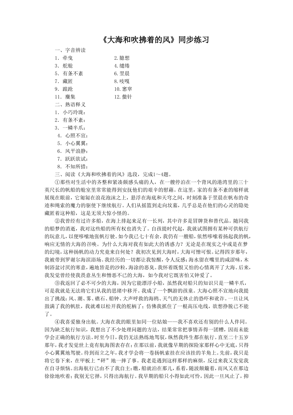 《大海和吹拂着的风》同步练习_第1页