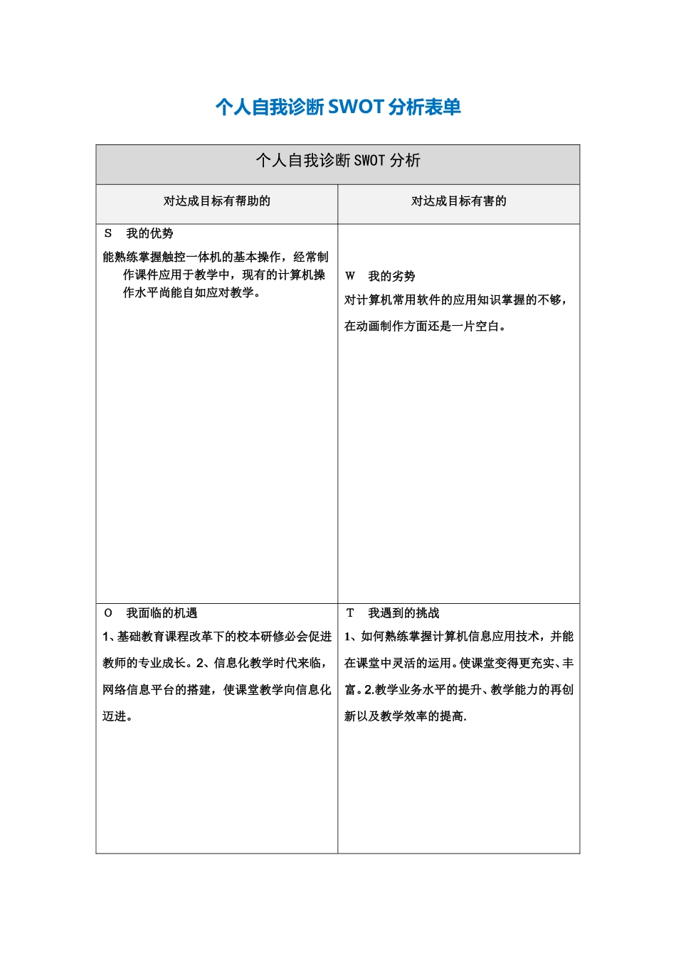 李敏春个人自我诊断SWOT分析表_第1页