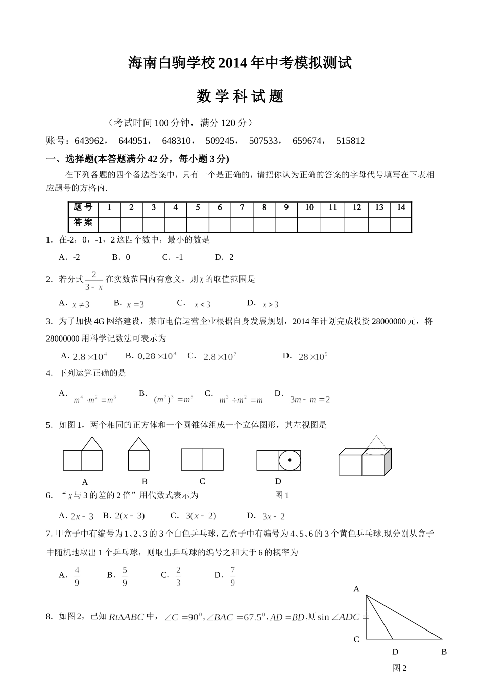 海南白驹学校2014年中考模拟测试题及参考答案_第1页