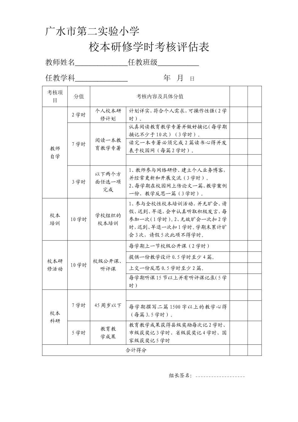 广水市第二实验小学校本研修学时考核评估表_第1页