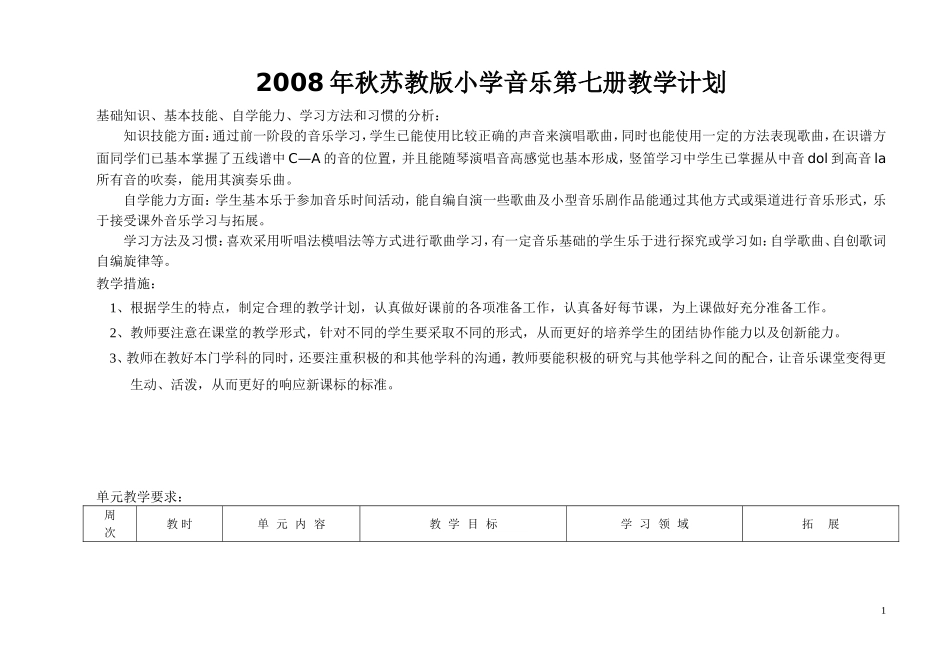 2008年秋苏教版小学音乐第七册教学计划_第1页