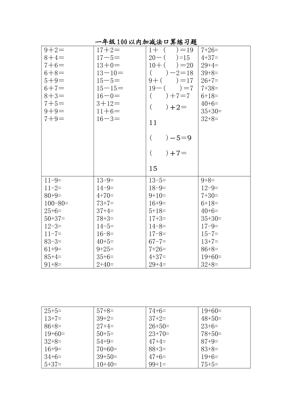 一年级100以内加减法口算练习题就_第1页