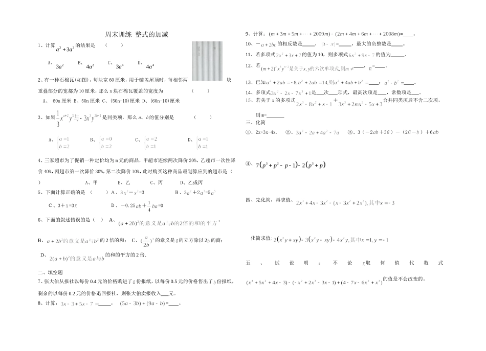 20091023周末训练整式的加减_第1页