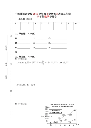 2015学年第2学期第3次独立作业—八年级数学答题卷