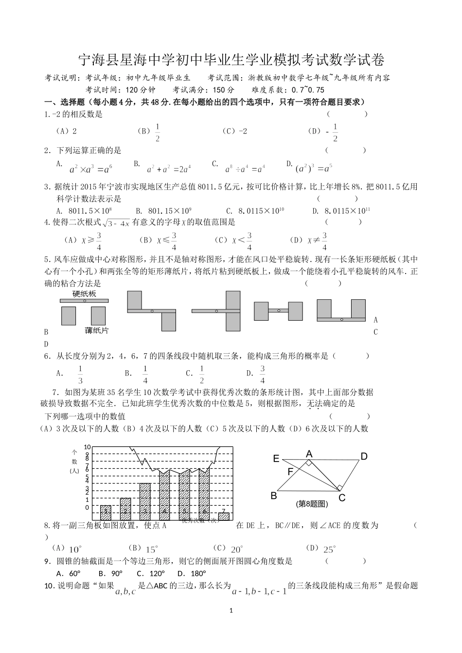 2017初中毕业生学业考试数学试卷_第1页