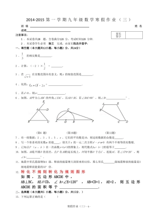 2014-2015第一学期九年级数学寒假作业(三)