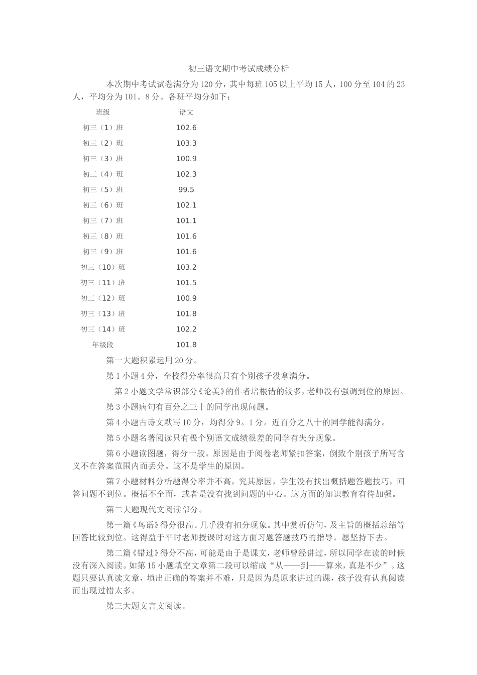 初三语文期中考试成绩分析_第1页