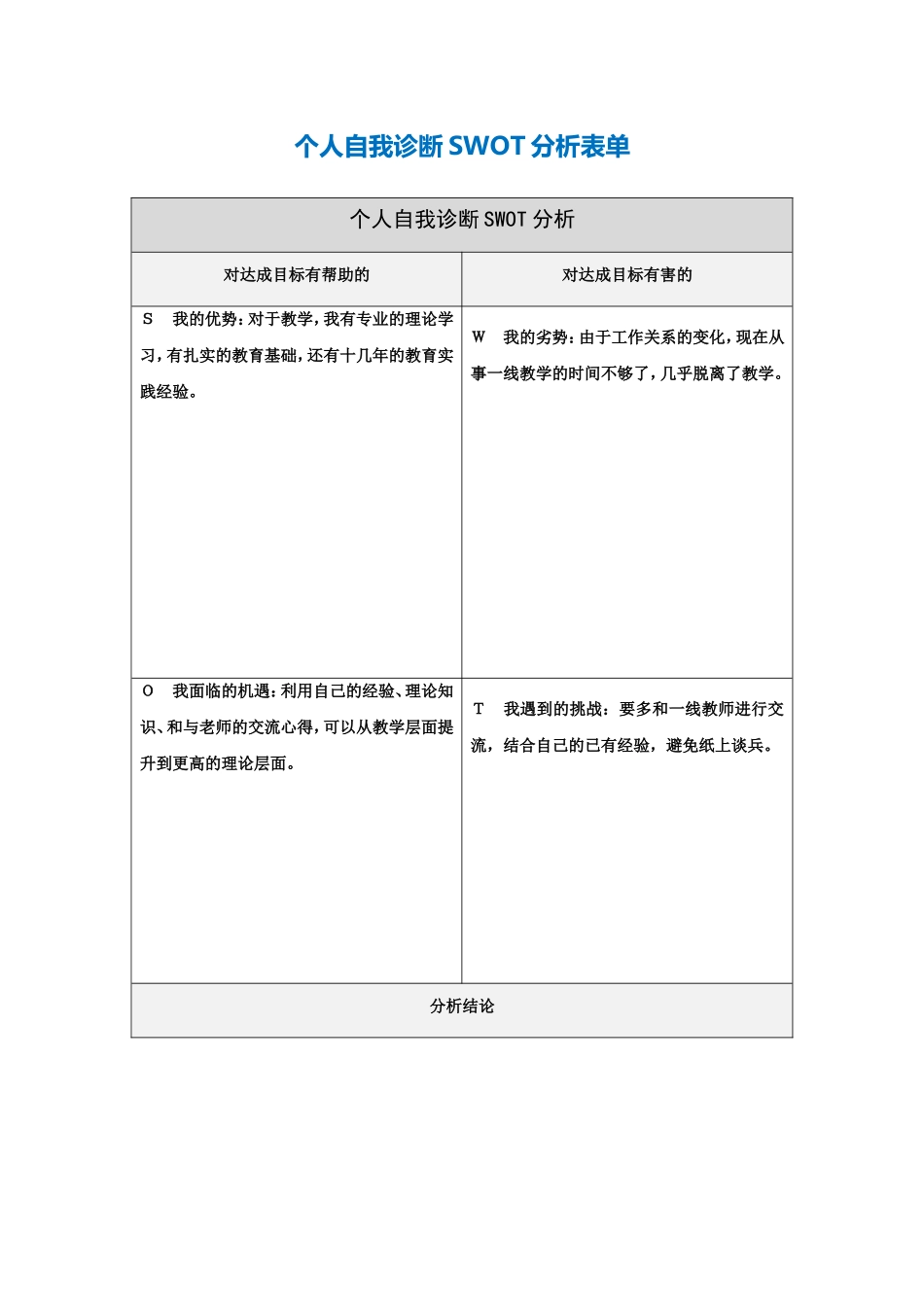 杨永峰个人自我诊断SWOT分析表_第1页
