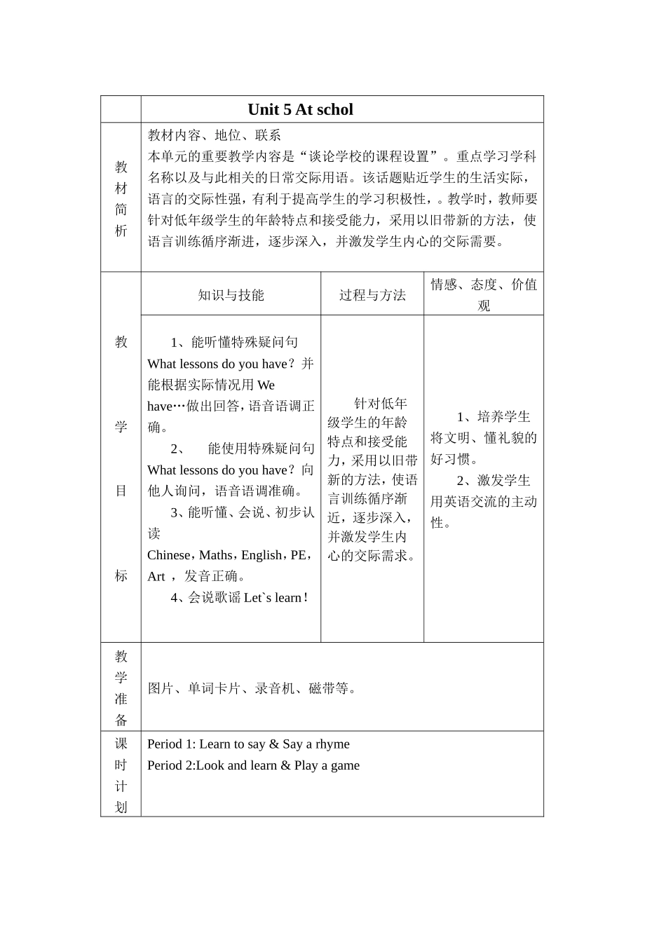 单元计划表Unit5二年级_第1页