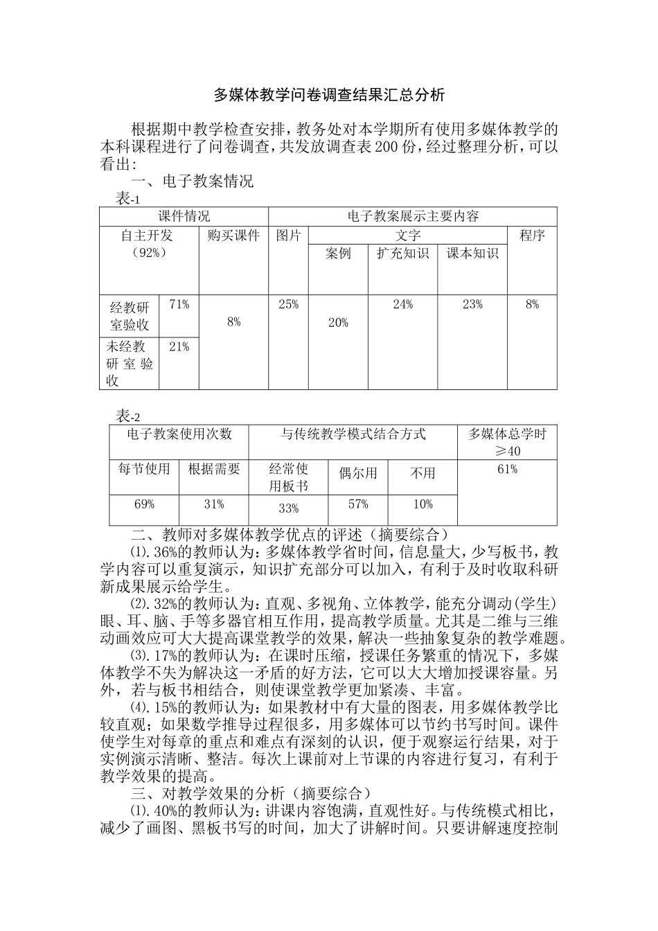 多媒体教学问卷调查结果汇总分析_第1页