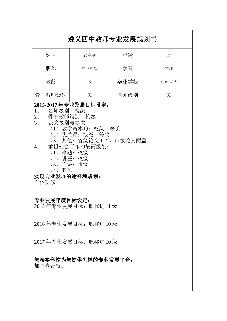 冯金刚---遵义四中教师专业发展规划书_第1页