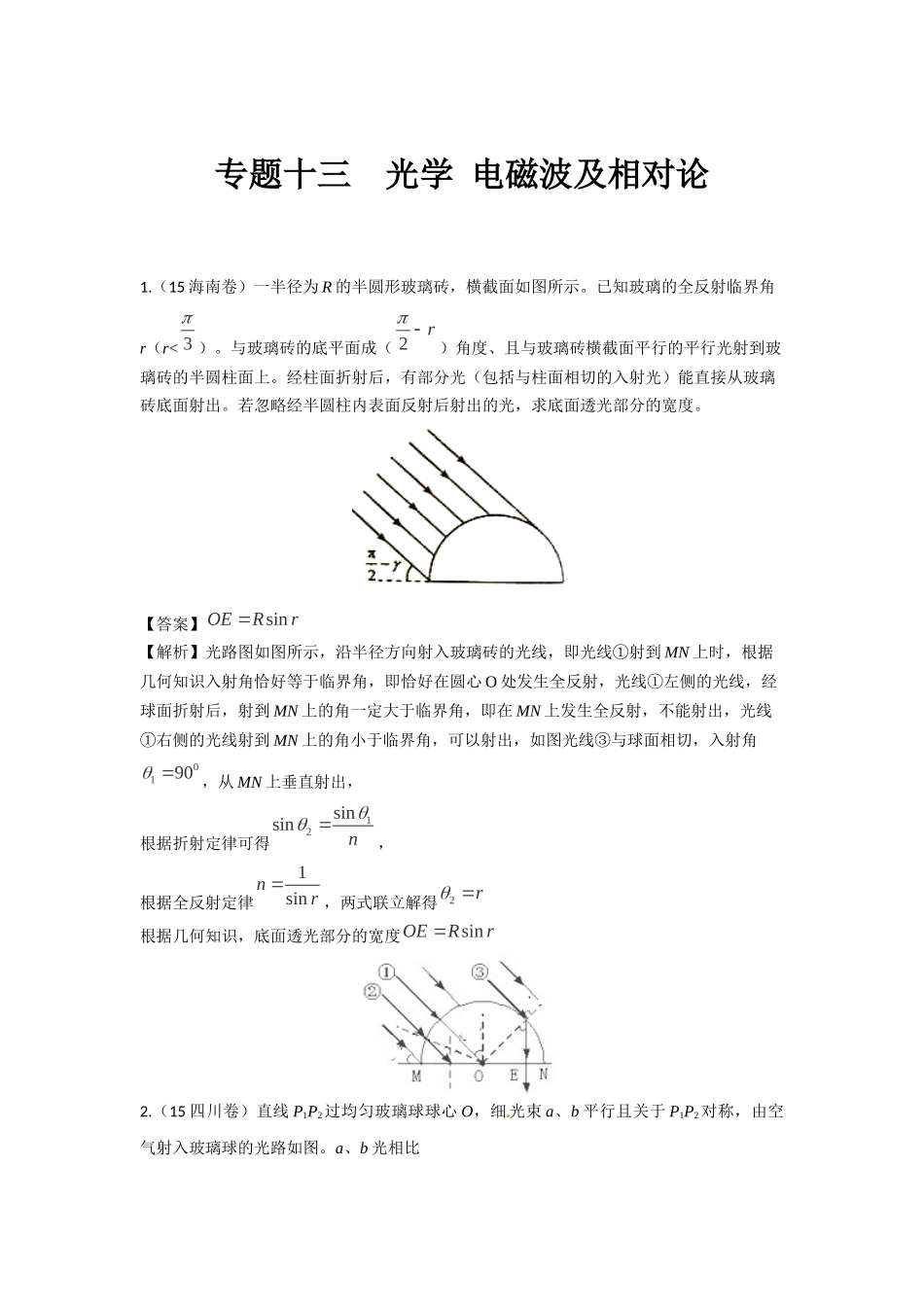 2015全国物理高考分类汇总———光学电磁波及相对论_第1页