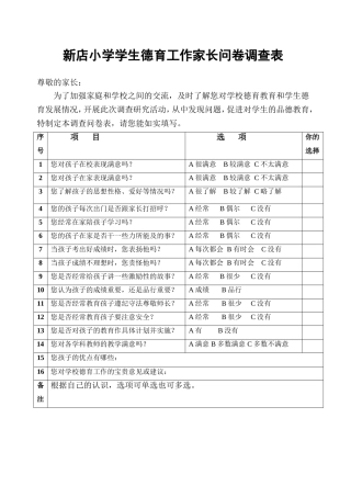 小学学生德育工作家长问卷调查表