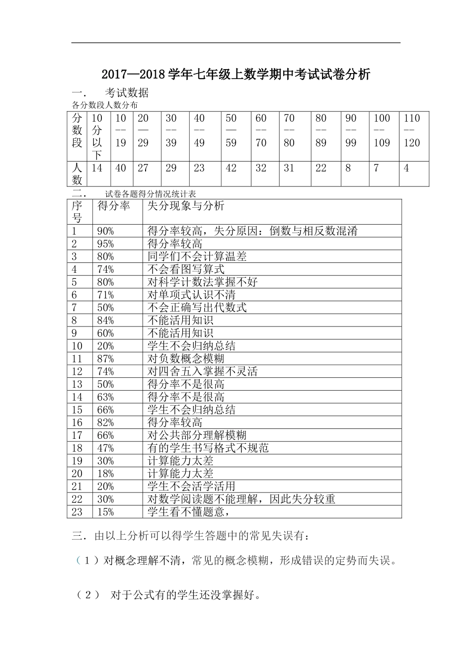 2017--2018学年七年级期中考试试卷分析_第1页