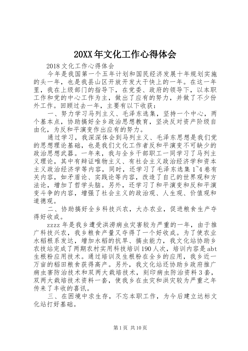 20XX年文化工作心得体会_第1页