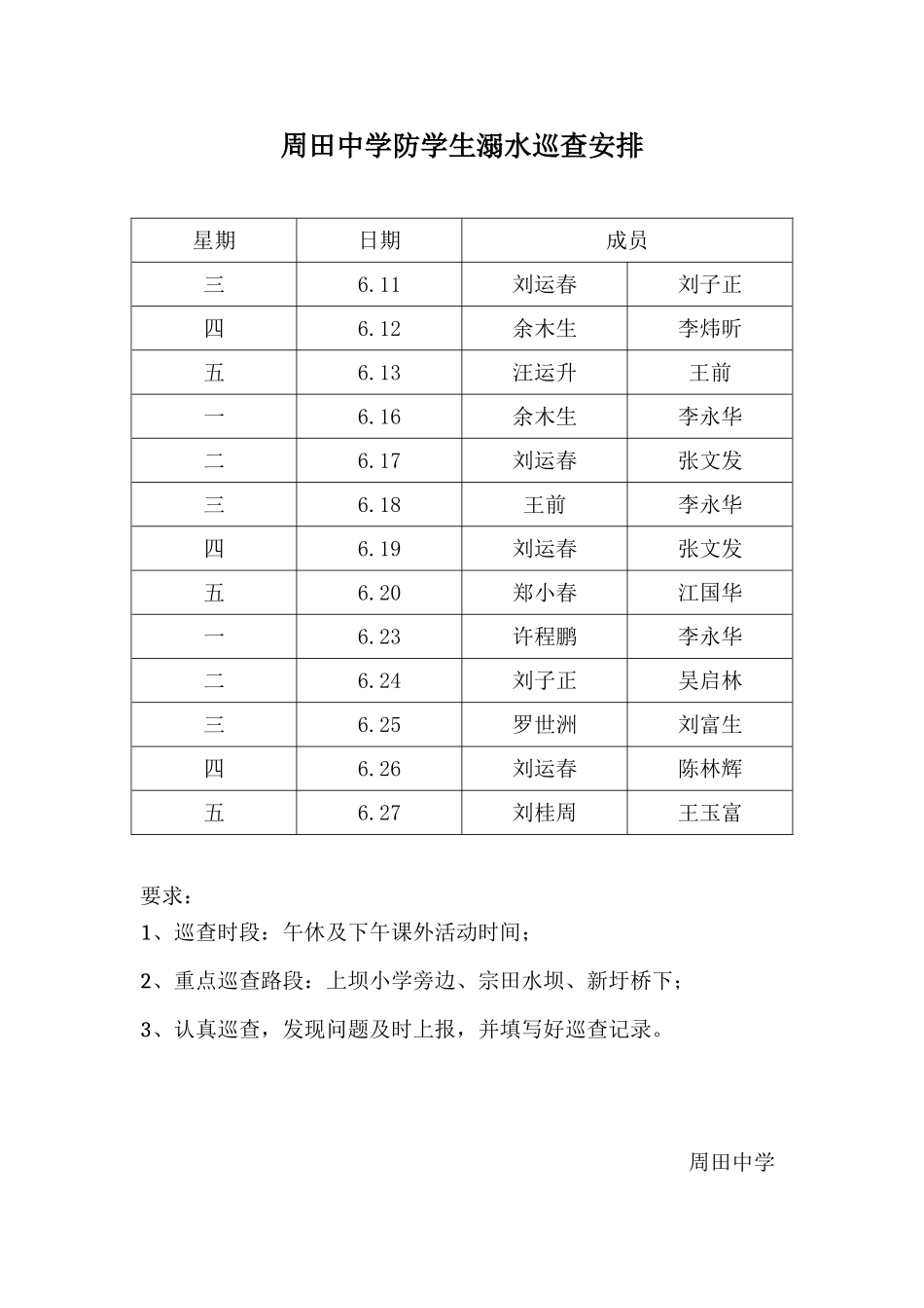 周田中学防学生溺水巡查安排_第1页
