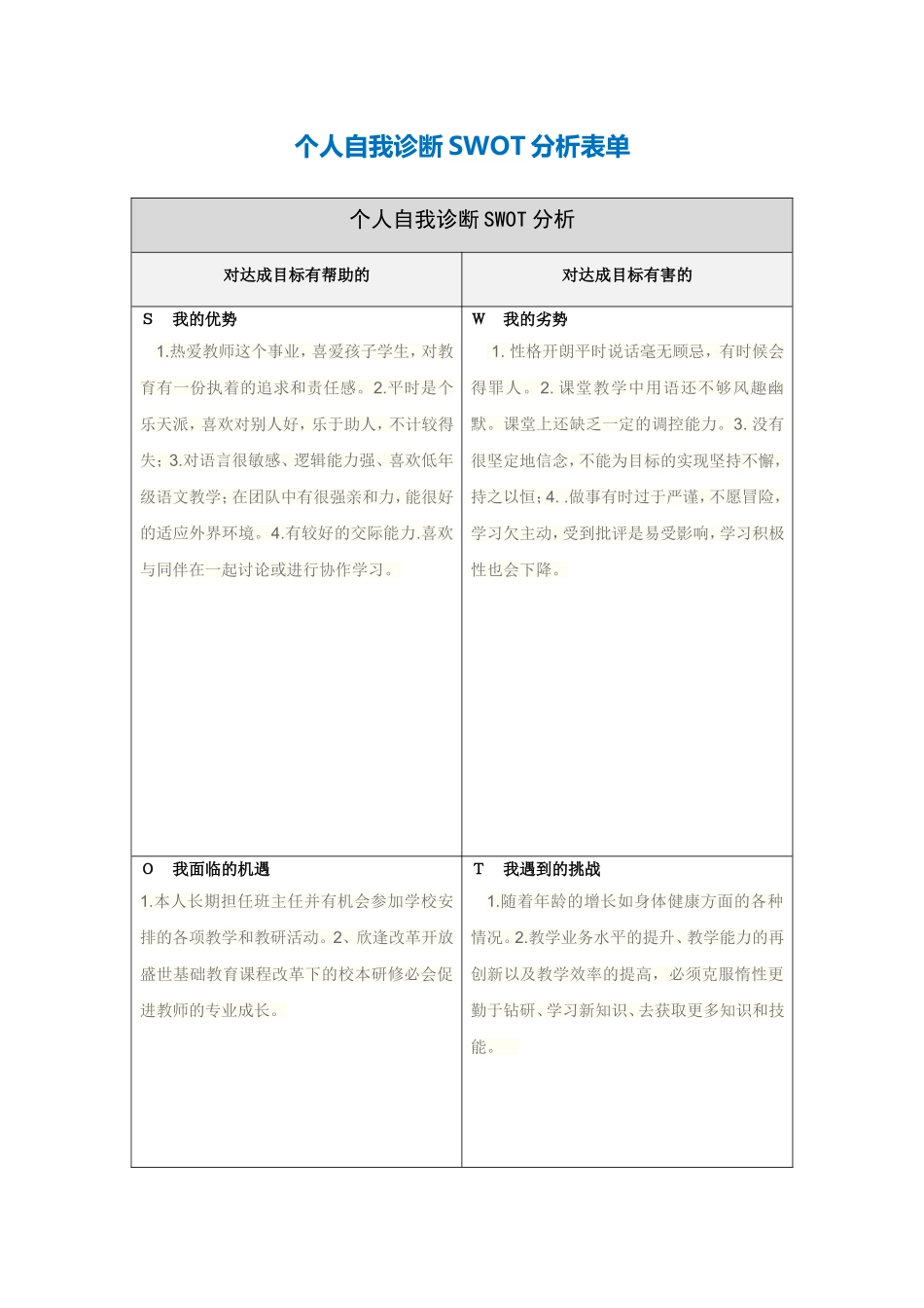 肖玲的个人自我诊断SWOT分析表_第1页