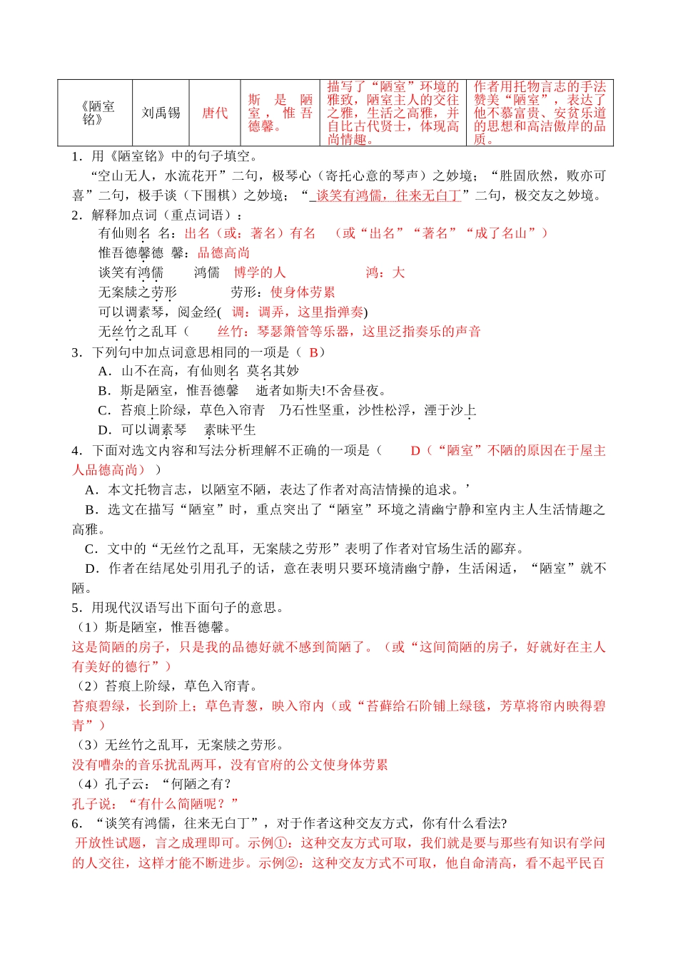 (部编)初中语文人教2011课标版七年级下册《陋室铭》课后巩固练习_第2页
