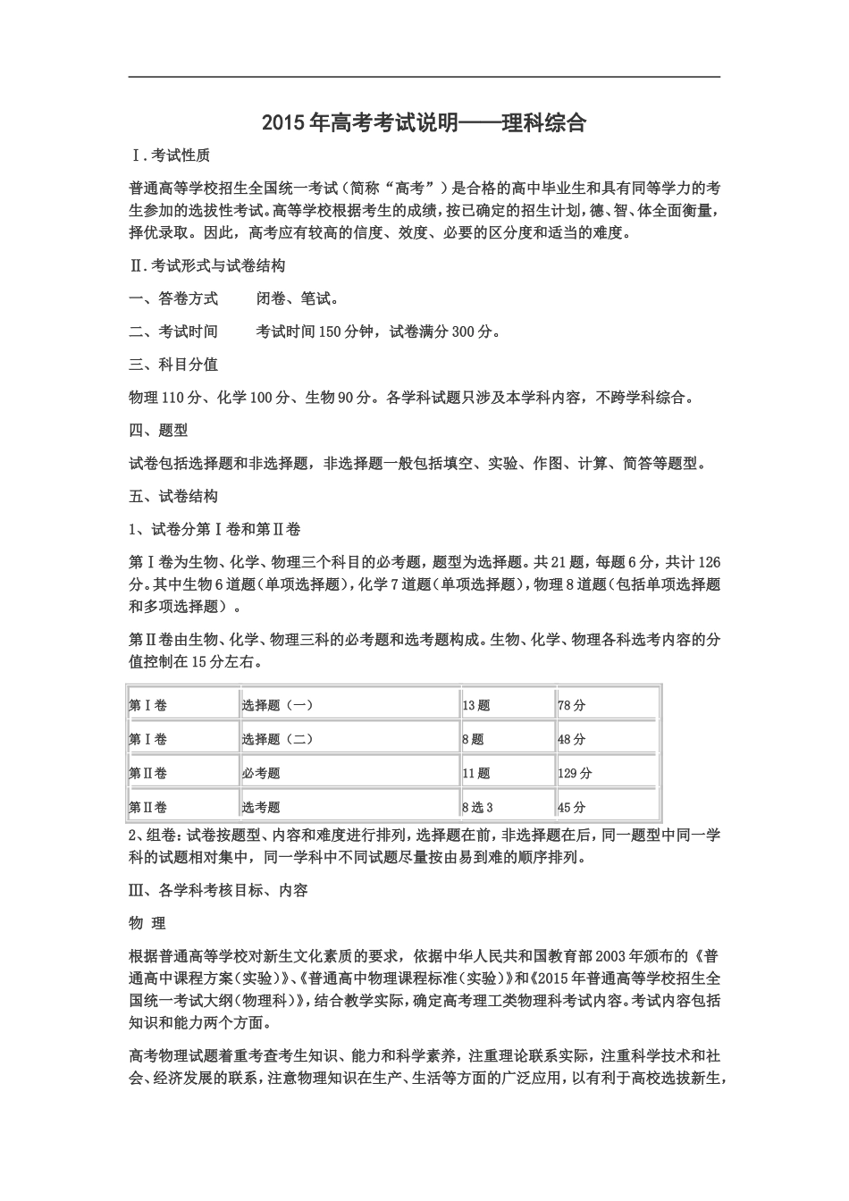 2015年高考理科综合考试大纲_第1页