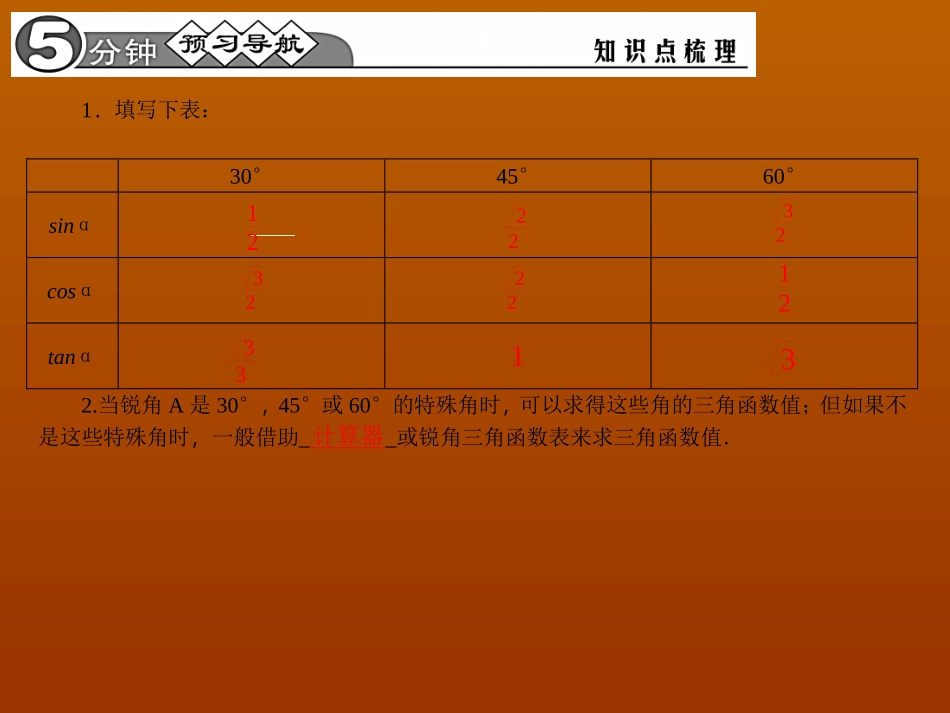 【四清导航】2015春九年级数学下册2813特殊角的三角函数值课件（新版）新人教版_第2页