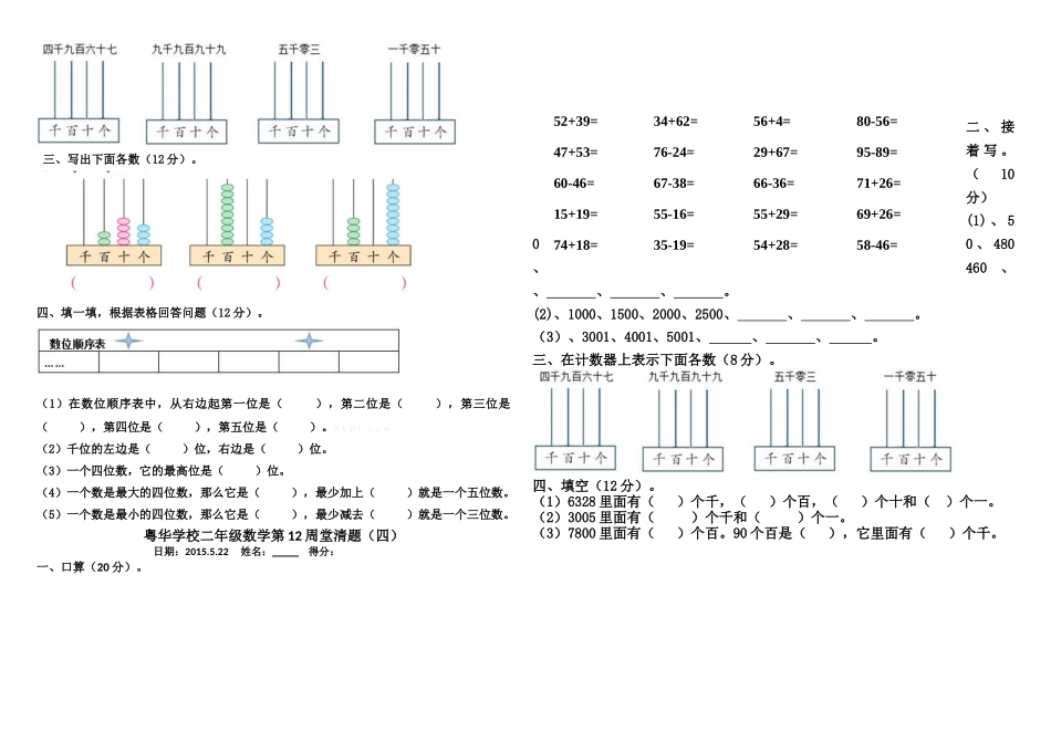 2015年小学二年级数学下册第12周练习题_第2页