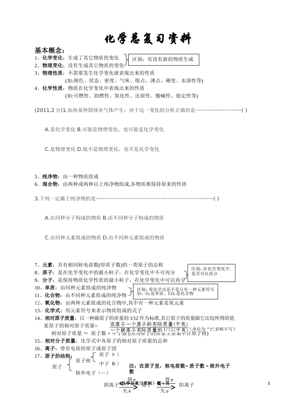 【中考化学复习】初三化学总复习知识点归纳_第1页