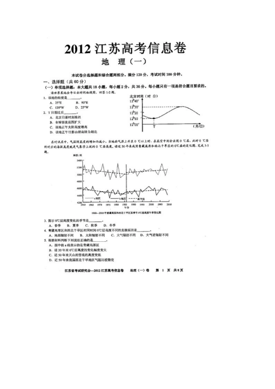 2012年江苏高考信息卷地理一、二试题及答案_第1页