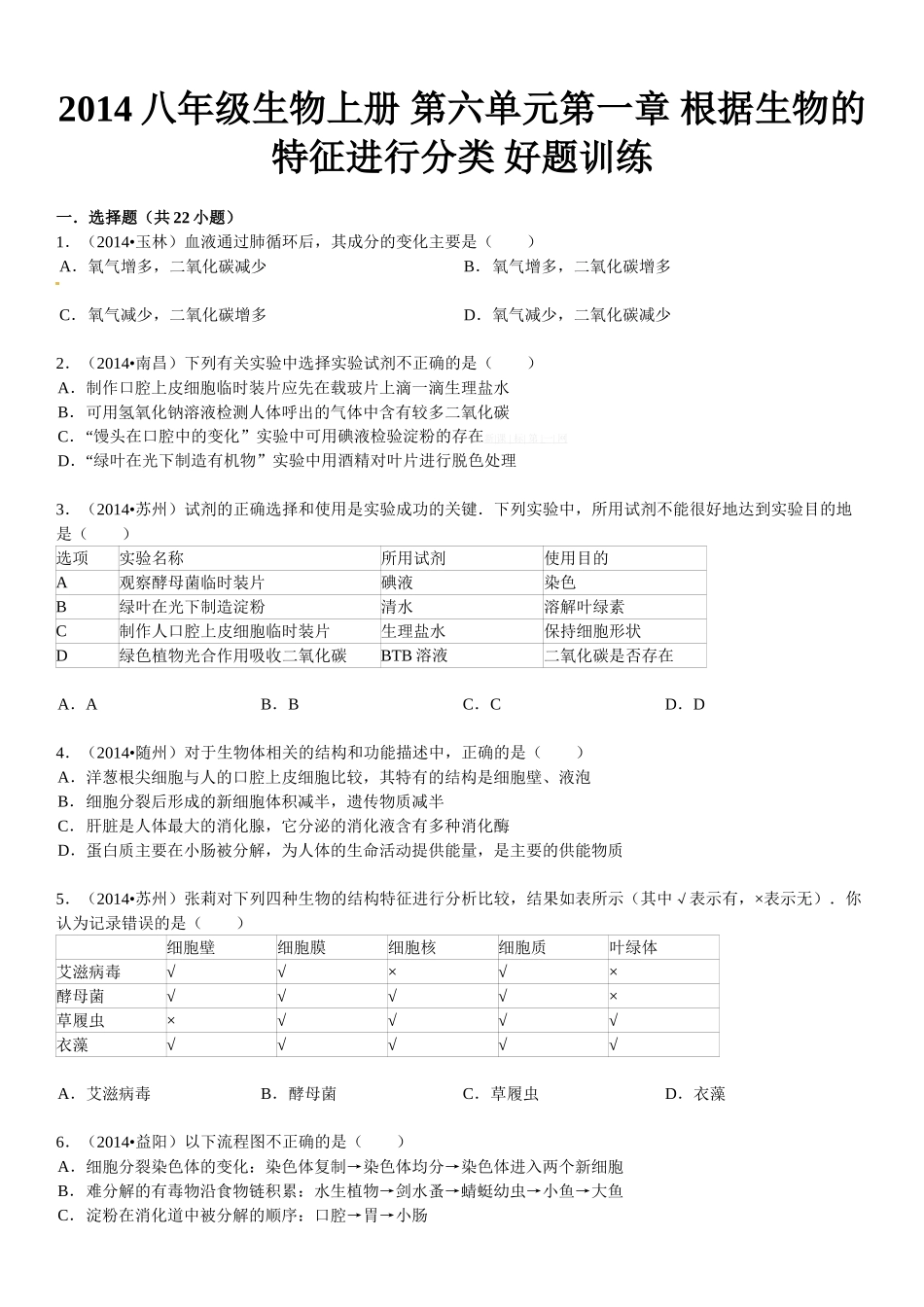 2014-2015第六单元第一章根据生物的特征进行分类检测题及答案解_第1页